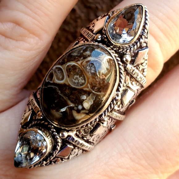 New Turtella Agate Fossil & White Topaz 925 Silver Statement Ring. - Picture 1 of 16